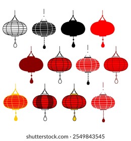 Red Lantern icons set. Paper lamp clipart, stylized spherical shape, simple colors, contour. Lunar New Year, Chinese, Asian, Lantern festival, street celebration. Asian, oriental, design art elements