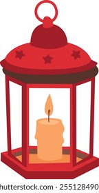 A red lantern with a lit candle inside