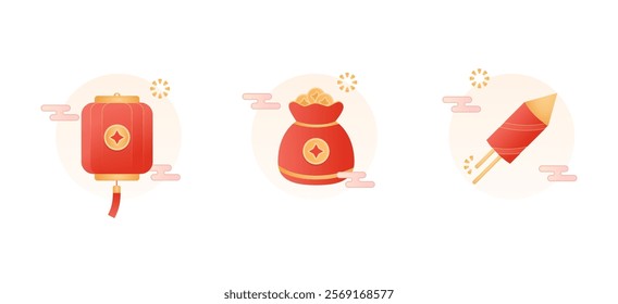 Red lantern, money bag, and firecracker icon set, depict Chinese New Year. Perfect for festive designs, holiday promotions, cultural celebrations, and event invitations.