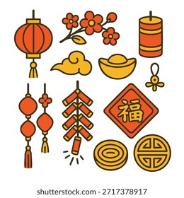 A red lantern spring blossom firecracker gold ingot lucky symbol glow with festive charm