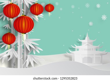 Red lantern and White Bamboo tree in paper cut art style on Blue mint Background for Chinese New year greeting card Concept