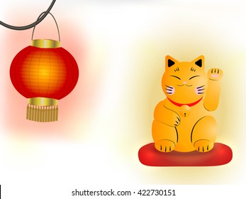 Red lantern and yellow japanese cat on a red pillow, vector illustration