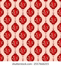 Red Lanterns And Blossom Texture with Lights on the Light Pink Background Seamless Pattern. Asian Arts Festival Decoration.