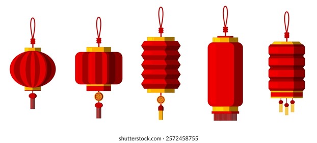 Red Lanterns illustration set. Chinese New year Graphic elements for Decoration, Festive clip art on White background, Editable boject design, vector stock