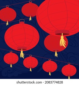 Red lanterns on the background of the night sky in Asian style