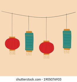 red lanterns with tassel isolated on red background, Chinese new year banner, Chinese lunar new year concept,- Vector illustrate