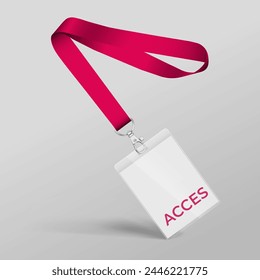 Red Lanyard and access card with plastic case. Template for the presentation of your design. Realistic vector illustration