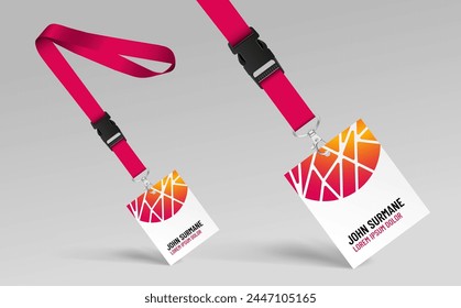 Red Lanyard and badge. Template for the presentation of your design. Realistic vector illustration