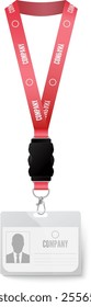 Red lanyard displays company identification card with photo, name and other information, hanging from a black strap, useful for conferences, events, and office environments