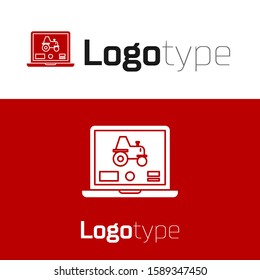 Red Laptop application for control a autonomous tractor on a smart farm icon isolated on white background. Smart agriculture implement. Logo design template element. Vector Illustration