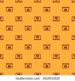 Red Laptop computer with 18 plus content heart icon isolated seamless pattern on brown background. Age restriction symbol. 18 plus content sign. Adult channel. Vector Illustration Red Laptop computer with 18 plus content heart icon isolated seamless pattern on brown background. Age restriction symbol. 18 plus content sign. Adult channel. Vector Illustration
