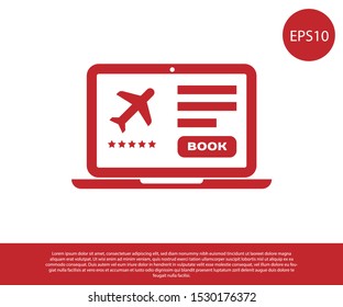Red Laptop with electronic boarding pass airline ticket icon isolated on white background. Passenger plane mobile ticket for web and app.  Vector Illustration