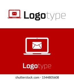 Red Laptop with envelope and open email on screen icon isolated on white background. Email marketing, internet advertising concepts. Logo design template element. Vector Illustration