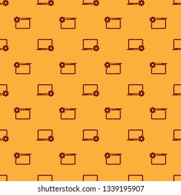 Red Laptop and gear icon seamless pattern on brown background. Laptop service concept. Adjusting app, setting options, maintenance, repair, fixing laptop concepts. Flat design. Vector Illustration