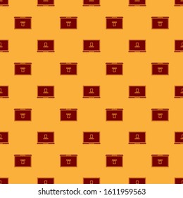 Red Laptop icon isolated seamless pattern on brown background. Computer notebook with empty screen sign.  Vector Illustration
