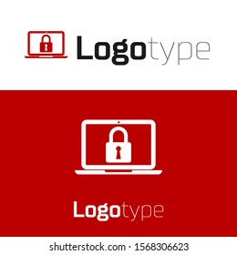 Red Laptop and lock icon isolated on white background. Computer and padlock. Security, safety, protection concept. Safe internetwork. Logo design template element. Vector Illustration