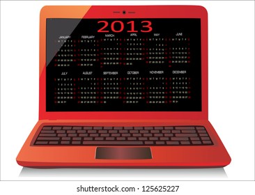 Red laptop on white background WIth calendar 2013.