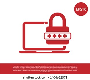 Red Laptop with password notification and lock icon isolated on white background. Concept of security, personal access, user authorization, login form. Vector Illustration