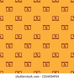 Red Laptop protected with shield symbol icon seamless pattern on brown background. Internet security concept. PC security, firewall technology, privacy safety. Flat design. Vector Illustration