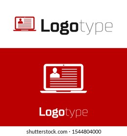 Red Laptop with resume icon isolated on white background. CV application. Searching professional staff. Analyzing personnel resume. Logo design template element. Vector Illustration