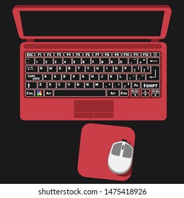 Red Laptop and White Mouse Vector With Black Background For Your Design.