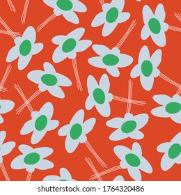 Red with large baby blue florals seamless pattern background design.
