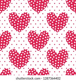 Red large hearts with white dots on a background with red dots. Vector seamless illustration of a repeating pattern. Best for cards, backgrounds, invitations, packaging design projects.