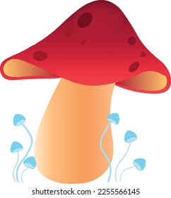 The red large mushroom with small blue mushrooms