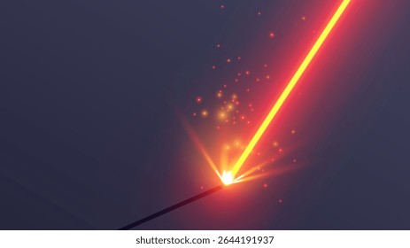 A red laser beam cuts metal in close-up. The orange plasma beam of the welding machine strikes sparks from metal. Vector template of a laser beam with sparks from cnc machine on industry factory.