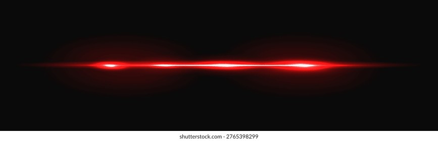 Red laser beam with neon glowing light and speed flare for tech digital background. Bright energy ray with shine effect in dark space. Abstract horizontal isolated vector line overlay.