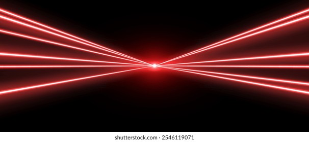 Red laser beams, concert or nightclub spotlights light effect. Lasers in motion, abstract perspective background. Vector illustration.