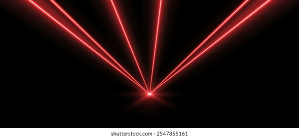 Red laser beams, concert or nightclub spotlights light effect. Lasers in motion, abstract perspective background. Vector illustration.