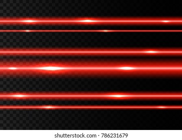 Red laser beams with  flashes  isolated on black transparent  background. Vector glowing  neon lights  effect.