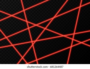 Red laser beams with  flashes of  lights  isolated on black transparent  background. Vector glowing  neon  effect.