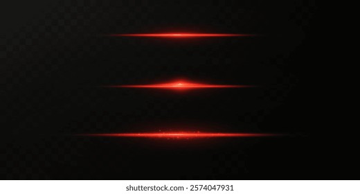 Red laser beams isolated on a black background.The red lens flashes. Horizontal rays glow in the dark. Abstract glow line.