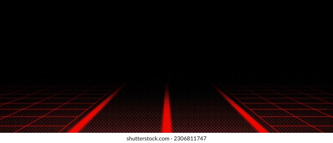 Red laser grid cyber newretrowave game background. Retrowave neon landscape with road line and synthwave. Transparent geometric speed straight path illustration perspective panoramic border design