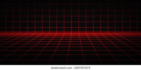 Red laser grid cyber newretrowave 3d background. Neon digital room with vaporwave and square cell wireframe. Futuristic retro mesh dimension pattern with floor. Geek outline aesthetic texture design