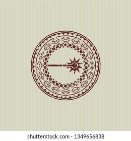 Red laser icon inside distress rubber stamp with grunge texture