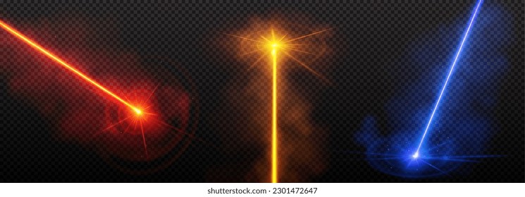 Red laser light beam effect isolated on transparent background. Vector blue neon line abstract design. Lazer show with sparkle and smoke presentation pointer. Led broadway entertainment illustration