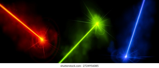 Efecto de haz de luz láser rojo aislado sobre fondo transparente. Diseño abstracto de línea de neón azul Vector. Espectáculo láser con indicador de presentación de destello y humo. Ilustración de entretenimiento Broadway led
