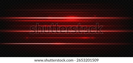 Red laser light. Glowing horizontal bright neon laser rays, safety system, hi tech concept. Flare light effect, lazer scanner. Nightclub party vector isolated texture.
