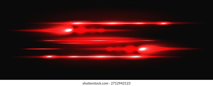 Luz laser vermelha com feixe de néon e velocidade de brilho para fundo tecnológico. Raio de energia brilhante com efeito de brilho digital no espaço escuro. Vetor abstrato linha horizontal isolada sobreposição.
