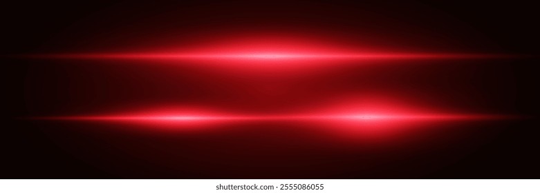 Red laser lines, horizontal beams. Beautiful light reflections. Glowing stripes on a black background.Vector illustration.