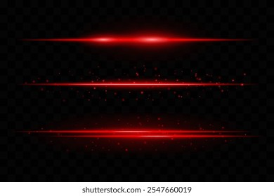 Icono rojo del sistema del laser. Horizontales rayos de luz roja brillante con partículas de chispa sobre un fondo oscuro. Diseño dinámico y futurista para efectos de energía, velocidad o ciencia ficción.