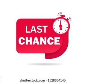 Red last chance tag with clock for promotion, banner, price. Label countdown of time for offer sale, special deal. Ribbon alarm clock with last chance. Badge counter time promo. vector isolated