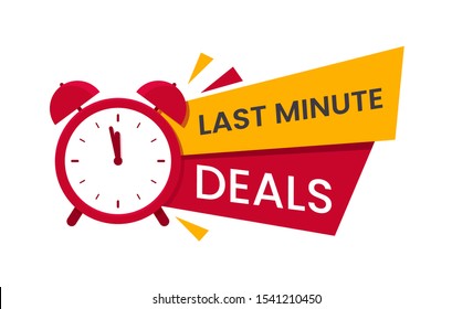 Red Last Minute Deal Logo, Symbol. Promo With Clock And Banner. Last Chance To Buy Concept. Sale Banner, Poster. Flat Vector Illustration.