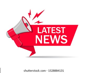 Red latest news ribbon with megaphone. Announce badge with loudspeaker for retail, shop, social media advertising. Promo label with headline latest news in flat style. Important newsletter tag. vector