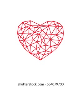 Red Lattice Heart. Valentines Day concept in polygonal style. Vector illustration.