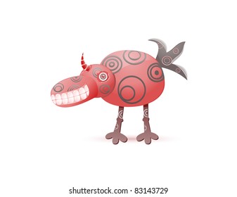 red laughing cute monster with horn and long legs isolated on white background