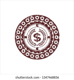 Red laurel wreath with money symbol inside icon inside distressed grunge style stamp